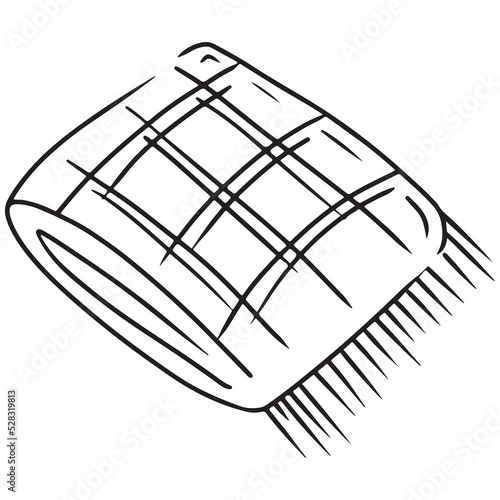 Striped squared plaid rug sketch drawing isolated on white background. Cozy accessory for home in cold weather. Hand drawn vector illustration in doodle outline vintage style engraved.