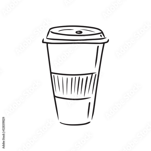 Disposable carton cup with plastic cap lid isolated on white background. Vector hand drawn illustration of hot drink in doodle simple line vintage style. Engraved design, for cafe, coffee to go