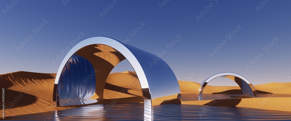 Fototapeta premium 3d render, abstract fantastic panoramic background with round mirror geometric shapes in the water. Desert landscape with sand dunes under the clear blue sky. Modern minimal aesthetic wallpaper