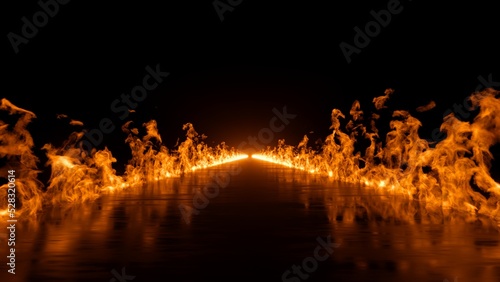 3d render, blazing flames and road on fire over black background