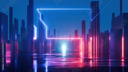 3d render, abstract neon city at night with red blue glowing lights, background with geometric shapes and lines