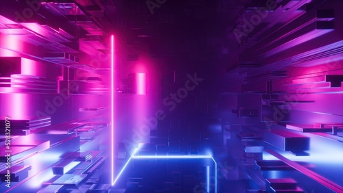 Fototapeta Naklejka Na Ścianę i Meble -  3d render, abstract ultraviolet background with geometric shapes and glowing neon light