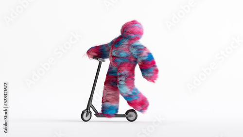 3d rendering, colorful hairy Yeti monster riding scooter vehicle, furry beast cartoon character. Speed concept. Fluffy toy isolated on white background © NeoLeo