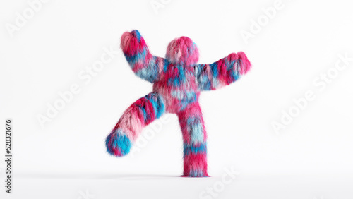 3d rendering, colorful furry beast cartoon character isolated on white background, happy active pose with hands up. Colorful pink blue hairy monster dancing. Person wears mascot costume photo