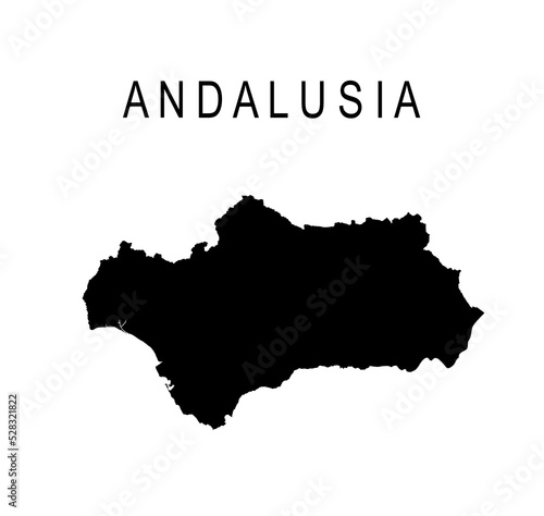Autonomous community Andalusia map vector silhouette illustration isolated on white background. Provinces of Spain include Cordoba, Jaen, Granada, Almeria, Malaga, Sevilla, Cadiz, Huelva. Europe, EU. photo
