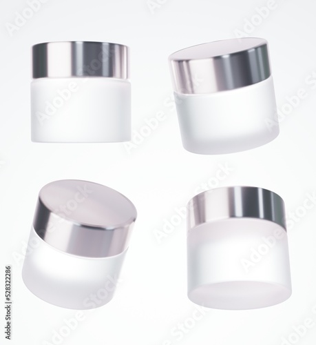 Four different views of frosted glass cream jar with silver cap, 3D render cosmetic product packaging isolated on white background