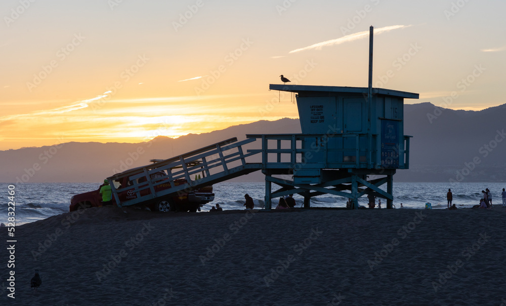 Life guard tower in Santa Monica at sunset Life guard tower in Santa Monica at sunset