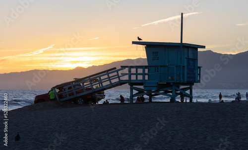 Life guard tower in Santa Monica at sunset 