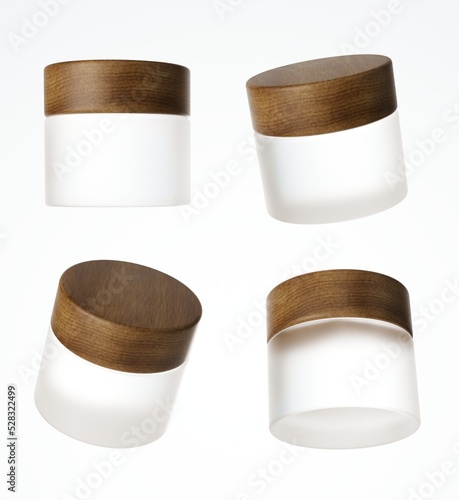 Four different views of frosted glass cream jar with wooden cap, 3D render cosmetic product packaging isolated on white background