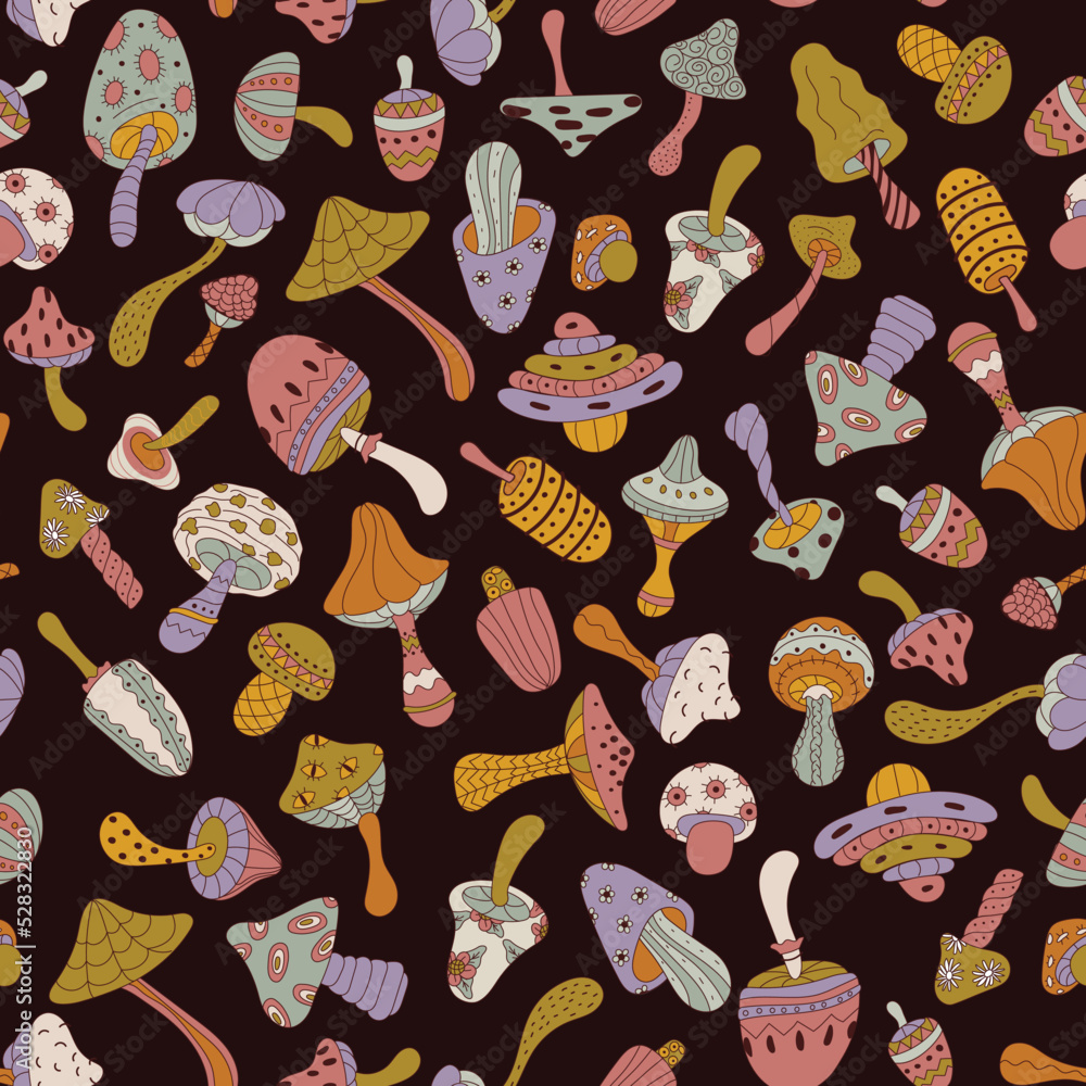 Very bright seamless pattern of colored large mushrooms. Bright mushrooms. A lot of mushrooms. Fabric, wallpaper. Vector illustration. Very bright seamless pattern of colored large mushrooms. Bright mushrooms. A lot of mushrooms. Fabric, wallpaper. Vector illustration.