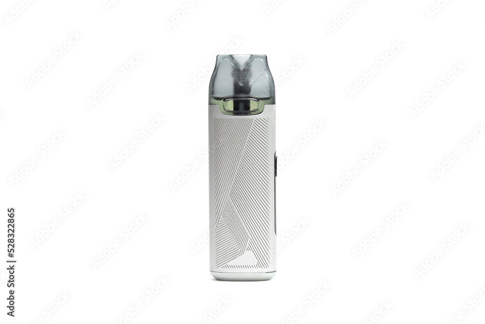 Electronic cigarette of silver color on a white background, the harm of smoking Electronic cigarette of silver color on a white background, the harm of smoking