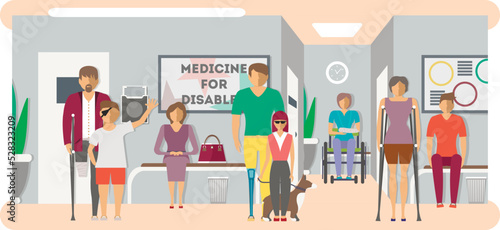 Disabled people in hospital banner in flat style vector illustration. Invalid persons, blind woman, broken arm, people on wheelchair, prosthetic arms and legs. Healthcare assistance and accessibility.