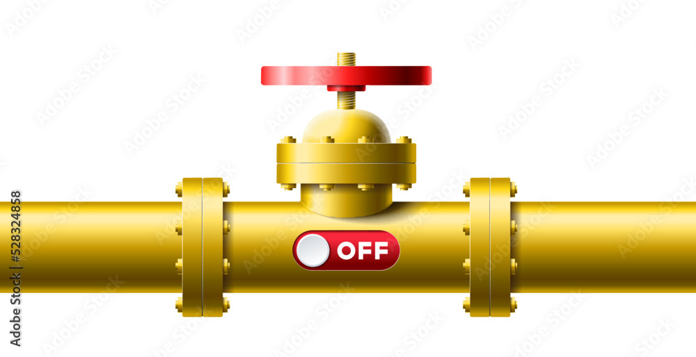 Yellow pipeline with big faucet and red slider is turn off vector illustration. Concept gas supply shutdown - obrazy, fototapety, plakaty 