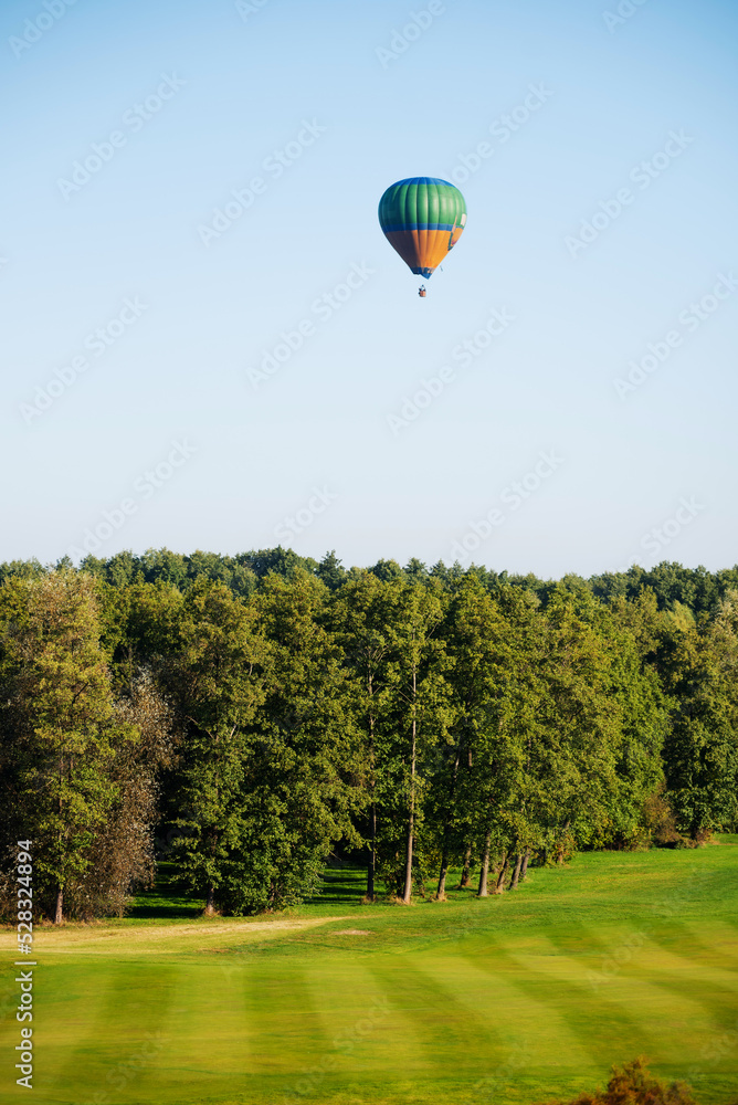 Obraz premium Colorful balloons fly over the green landscape of the field and trees
