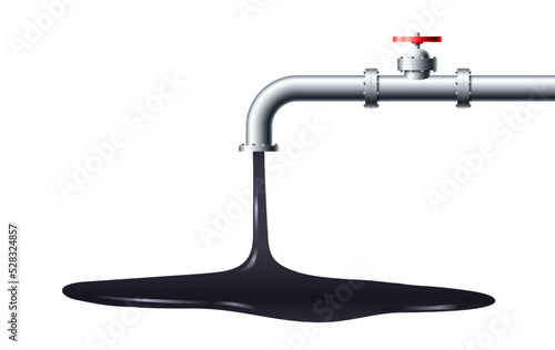 Black liquid oil flows out of the metal pipe vector illustration