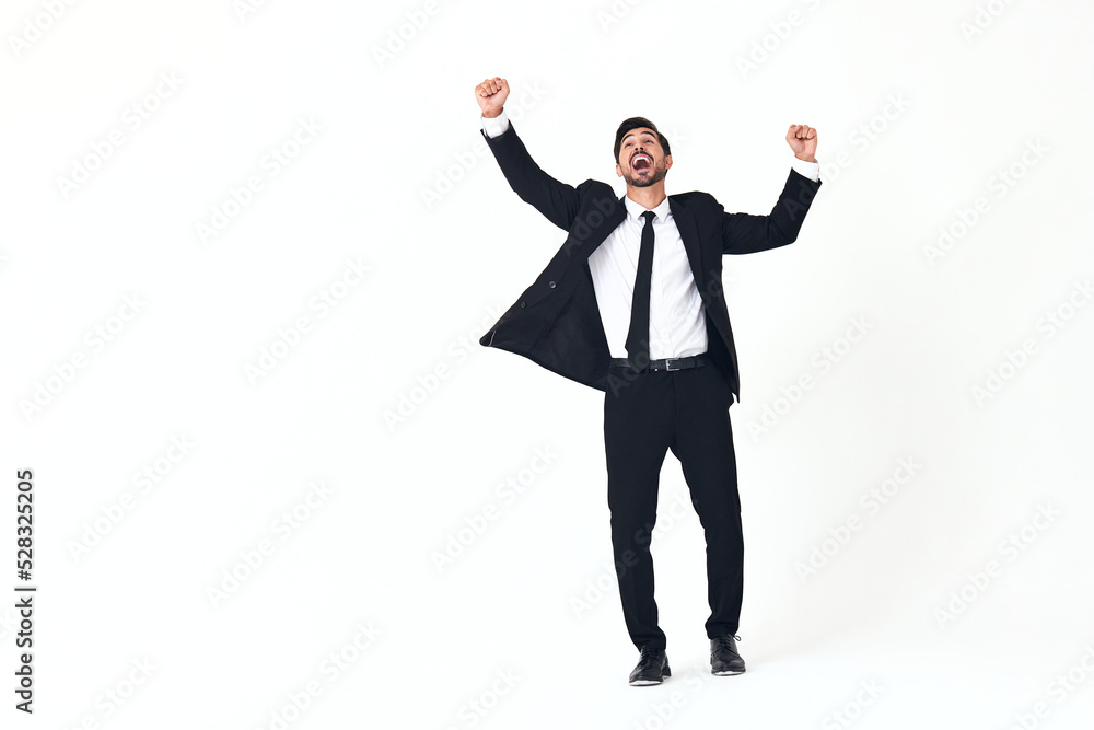Man business smile with teeth in costume running and jumping up open mouth happiness and surprise full-length on white isolated background copy place Man business smile with teeth in costume running and jumping up open mouth happiness and surprise full-length on white isolated background copy place