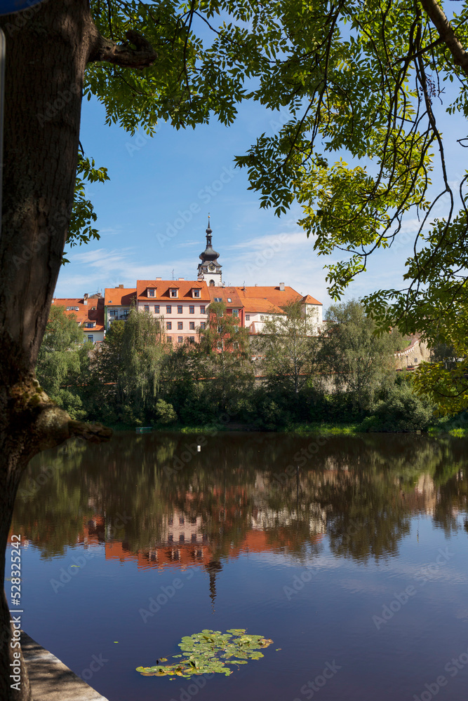 Sunny royal medieval Town Pisek above the River Otava, Czech Republic 