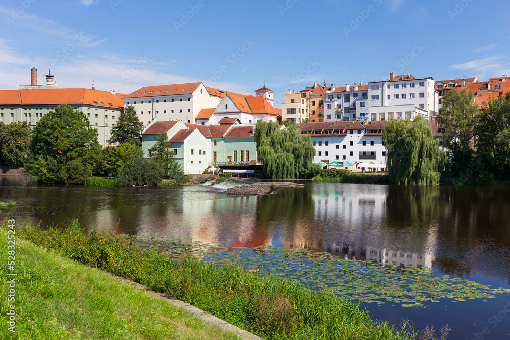 Sunny royal medieval Town Pisek above the River Otava, Czech Republic 