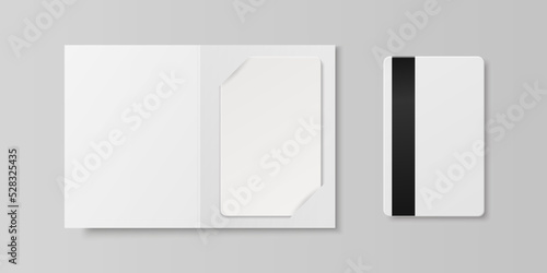 Vector 3d Realistic White Guest Room, Plastic Hotel Apartment Keycard, ID Card, Sale, Credit Card with Magnetic Strip. Design Template with Paper Cover Case, Wallet for Mockup, Branding. Top View