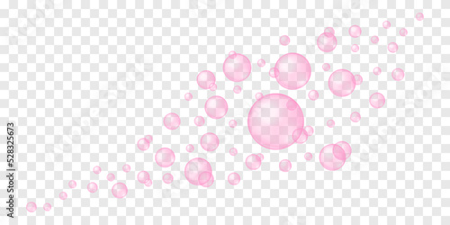 Flying or foating pink bubbles on transparent background. Soap foam, bath suds, cleanser texture. Fizzy cherry or strawberry drink, champagne, sparkling wine. Vector realistic illustration