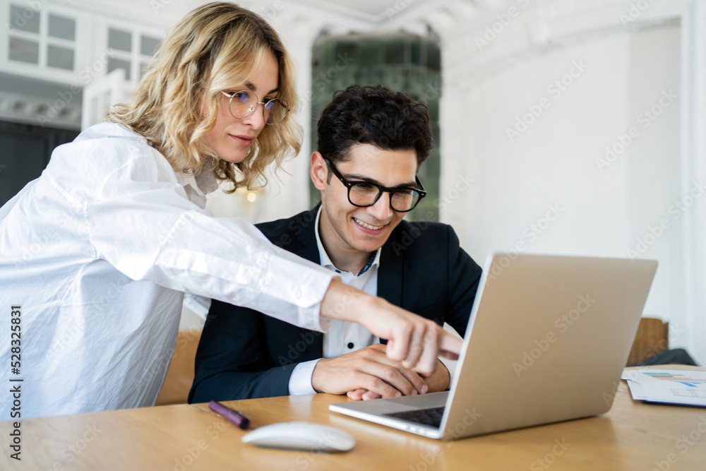 A businessman or a business woman working in an office using a laptop discussing a financial project A businessman or a business woman working in an office using a laptop discussing a financial project