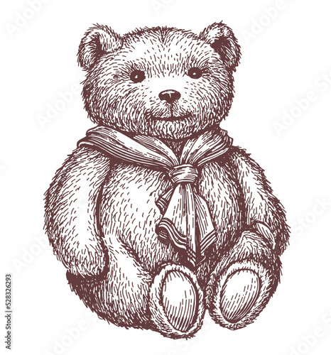 Teddy bear. Cute stuffed toy isolated on white. Hand drawn sketch vintage vector illustration