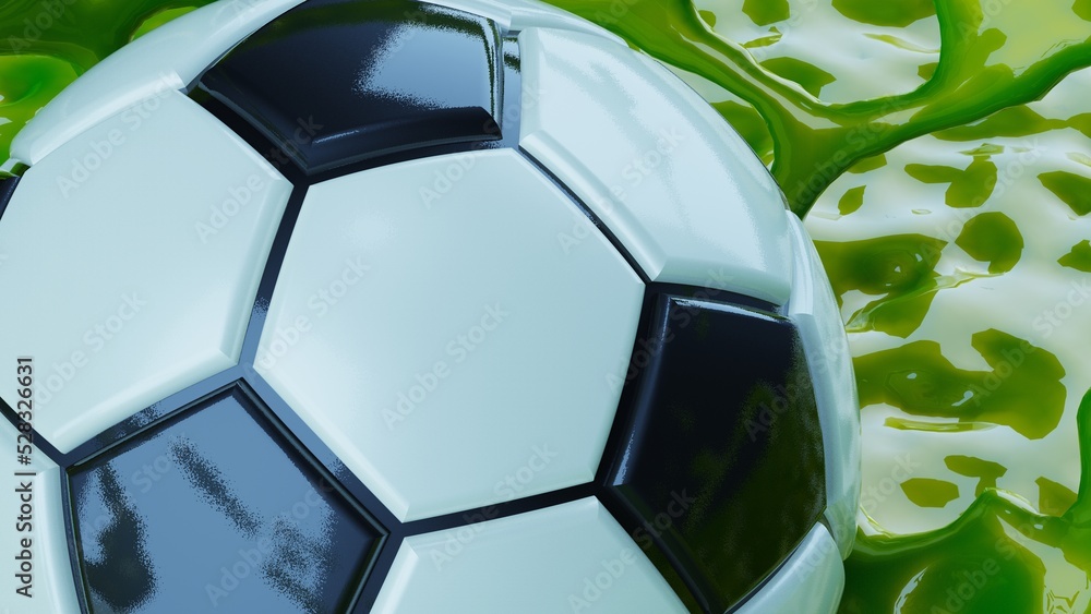 Naklejka premium Blacj-white soccer ball with spiral green liquid splash. 3D illustration. 3D high quality rendering.