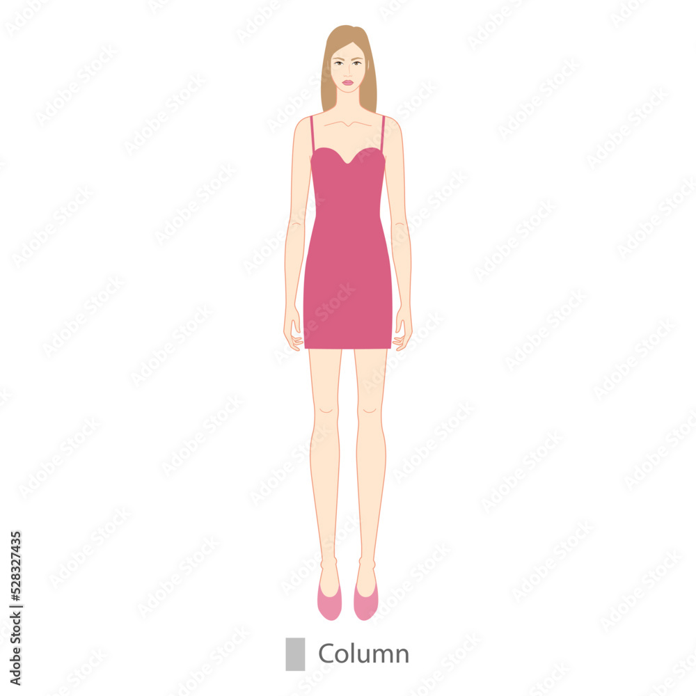 Woman column body shape character in dress. Female Vector illustration silhouette 9 nine head size lady figure front view. Vector isolated outline sketch girl for fashion sketching and illustration. Woman column body shape character in dress. Female Vector illustration silhouette 9 nine head size lady figure front view. Vector isolated outline sketch girl for fashion sketching and illustration.