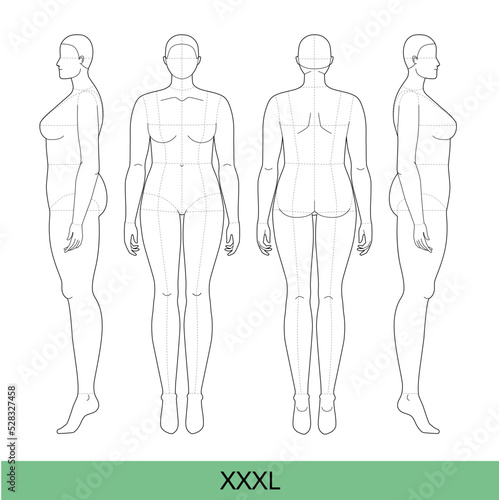 Set of XXXL Women Fashion template 9 nine head size Croquis over size Lady model Curvy body figure front, side, back view. Vector outline girl for Fashion Design, Illustration, technical drawing
