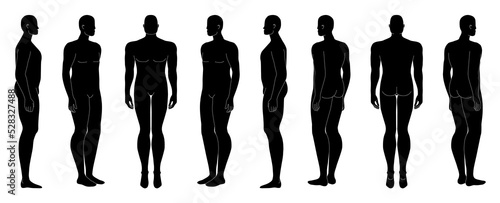 Set of XXXXL Men silhouette Fashion template extra large 9 head Croquis plus size Curvy body figure front, side, 3-4, back view. Vector outline boy for Fashion Design, Illustration, technical drawing