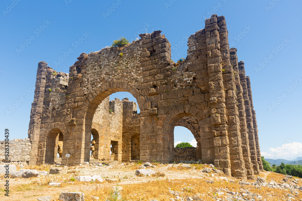 Ruins of bysanitine basilica atop Aspendos Hill. Aspendos Serik