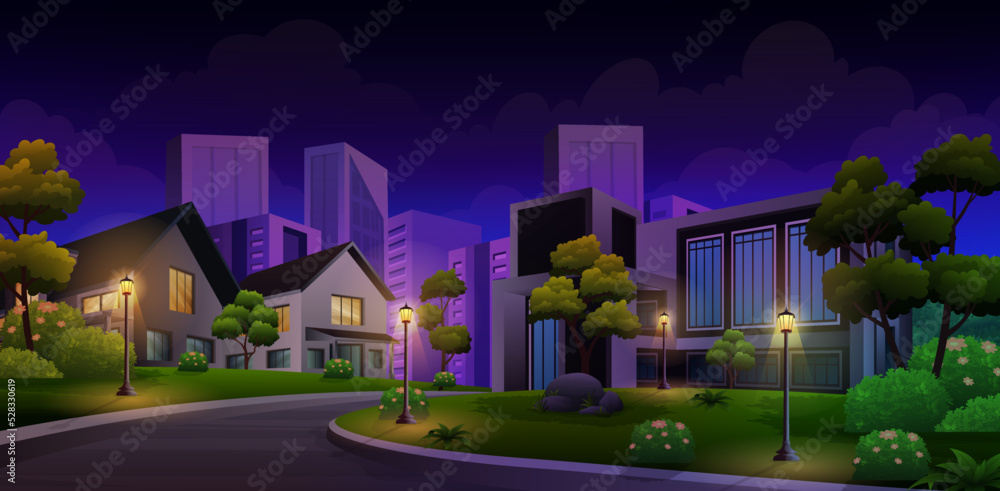 Beautiful night Scene of house in town with glowing street lamps  nature park vector illustration