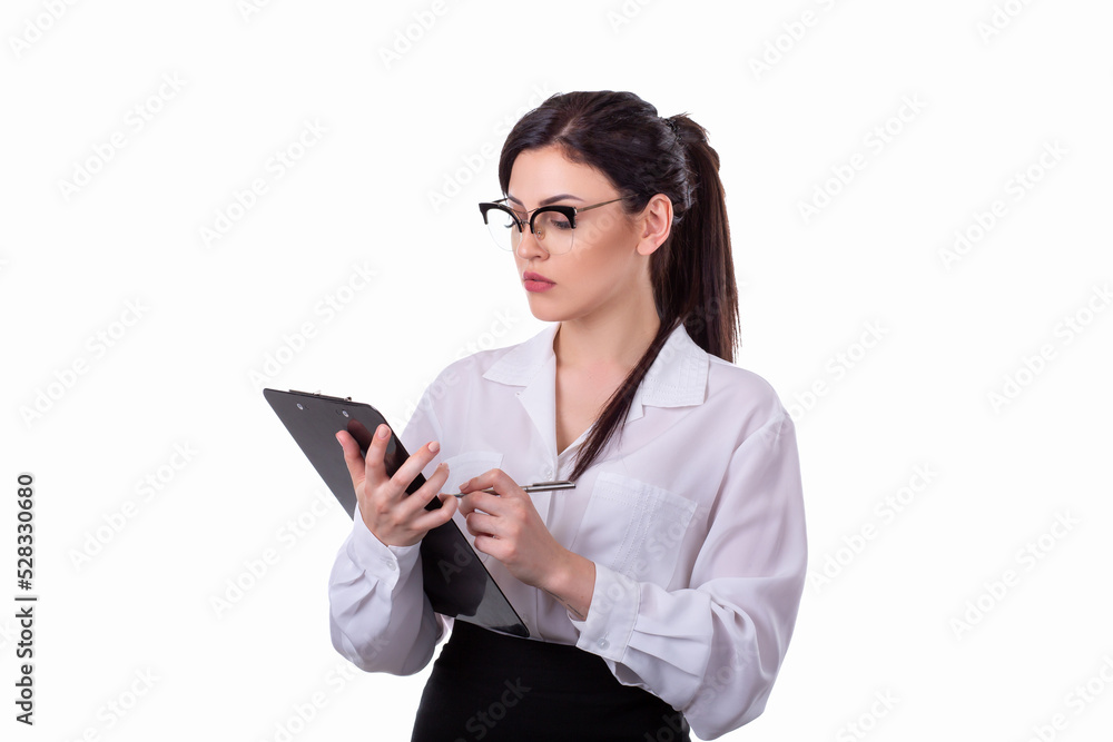 Beautiful young girl, office worker, standing with document holder isolated on white background Beautiful young girl, office worker, standing with document holder isolated on white background