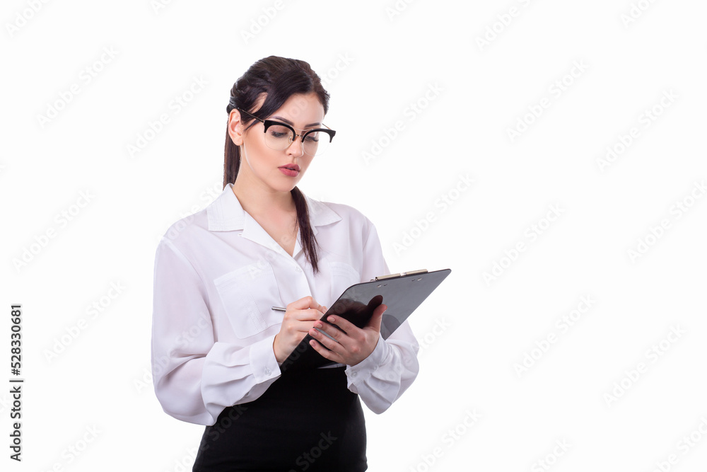 Beautiful young girl, office worker, standing with document holder isolated on white background Beautiful young girl, office worker, standing with document holder isolated on white background