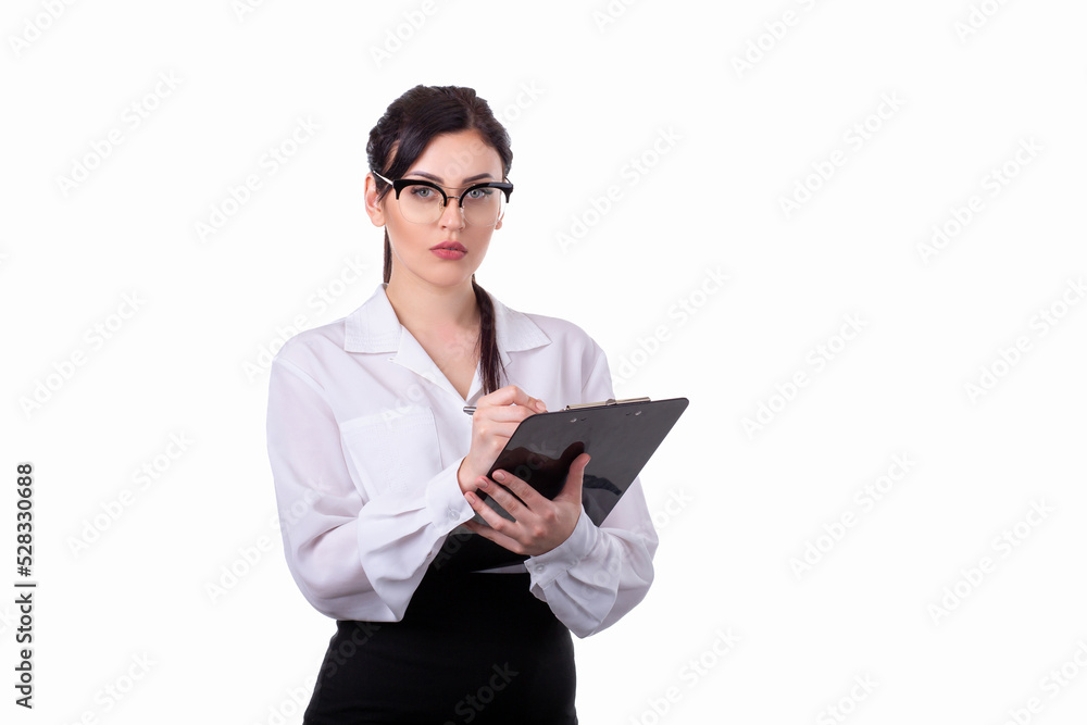 Beautiful young girl, office worker, standing with document holder isolated on white background Beautiful young girl, office worker, standing with document holder isolated on white background