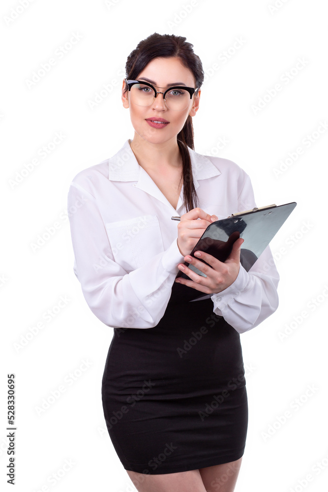 Beautiful young girl, office worker, standing with document holder isolated on white background Beautiful young girl, office worker, standing with document holder isolated on white background