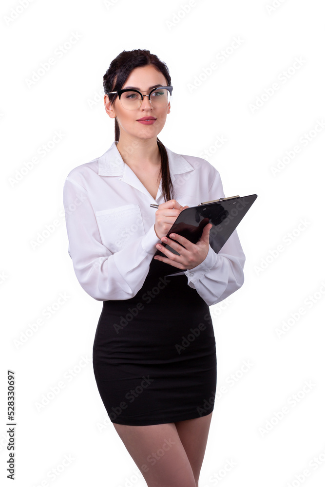 Beautiful young girl, office worker, standing with document holder isolated on white background Beautiful young girl, office worker, standing with document holder isolated on white background