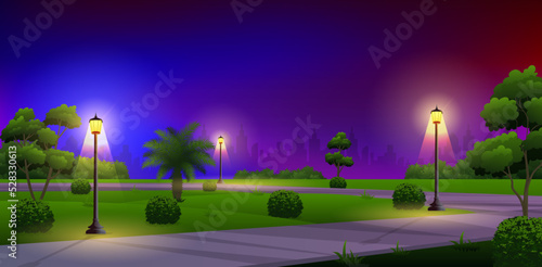 Night city park scenery view with glowing colorful street lamps and cityscape vector illustration