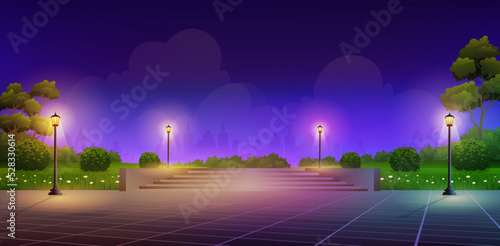 Night city park with stairs to outdoors podium , scenery urban garden with glowing street lamps and cityscape