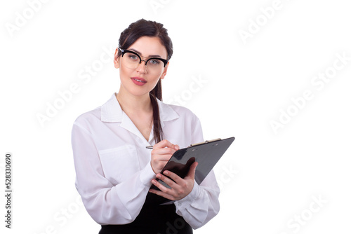 Beautiful young girl, office worker, standing with document holder isolated on white background