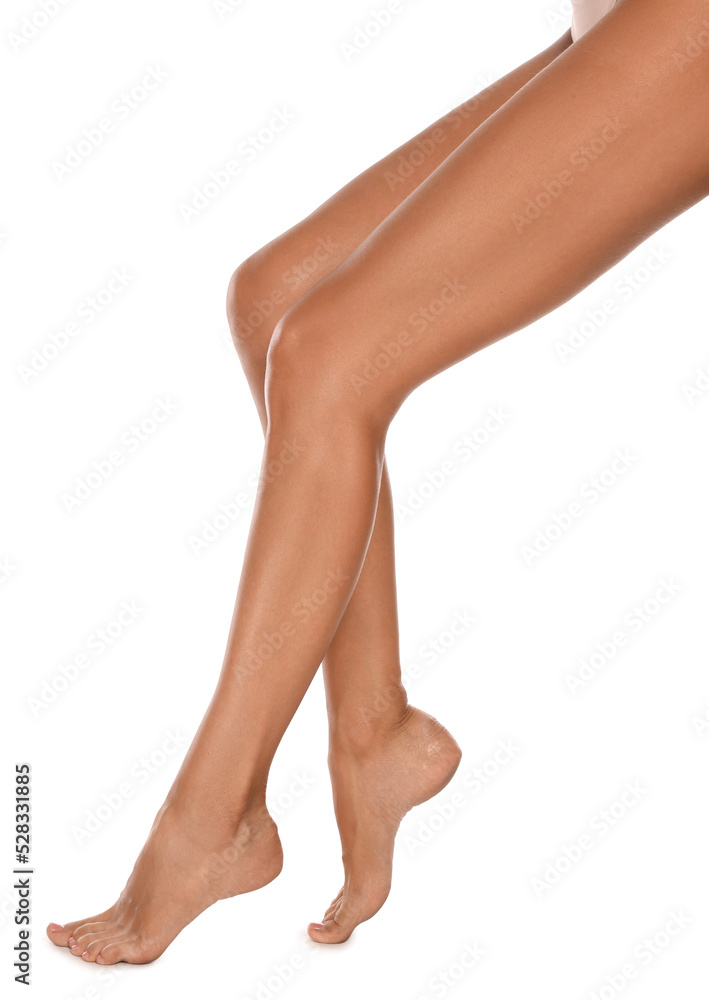 Woman with beautiful long legs on white background, closeup Woman with beautiful long legs on white background, closeup