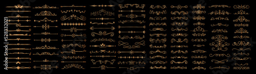 Set of golden vintage borders. Collection of design elements for website, luxurious decoration and ornament in vintage traditional style. Cartoon flat vector illustrations isolated on black background