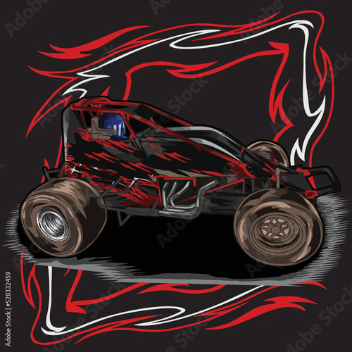 dirt racing car isolated on black background for poster, t-shirt print, business element, social media content, blog, sticker, vlog, and card. vector illustration.
