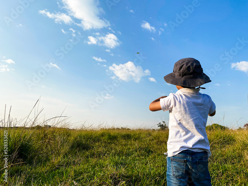 boy flying kite on a sunny summer day, vertical