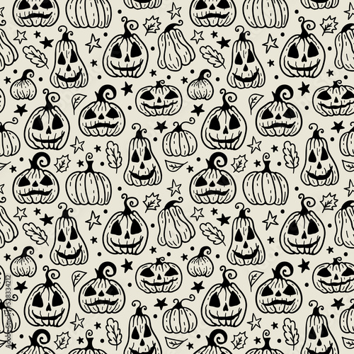 Vector seamless pattern with Halloween pumpkin on light background. Halloween background of magic elements.