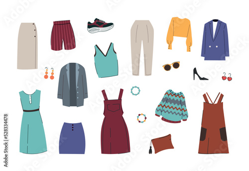 Set of womens clothes. Dresses, sneakers, raincoats and sweaters. Colorful wardrobe items for any season and weather. Fashion and style. Cartoon flat vector illustrations isolated on white background © Rudzhan