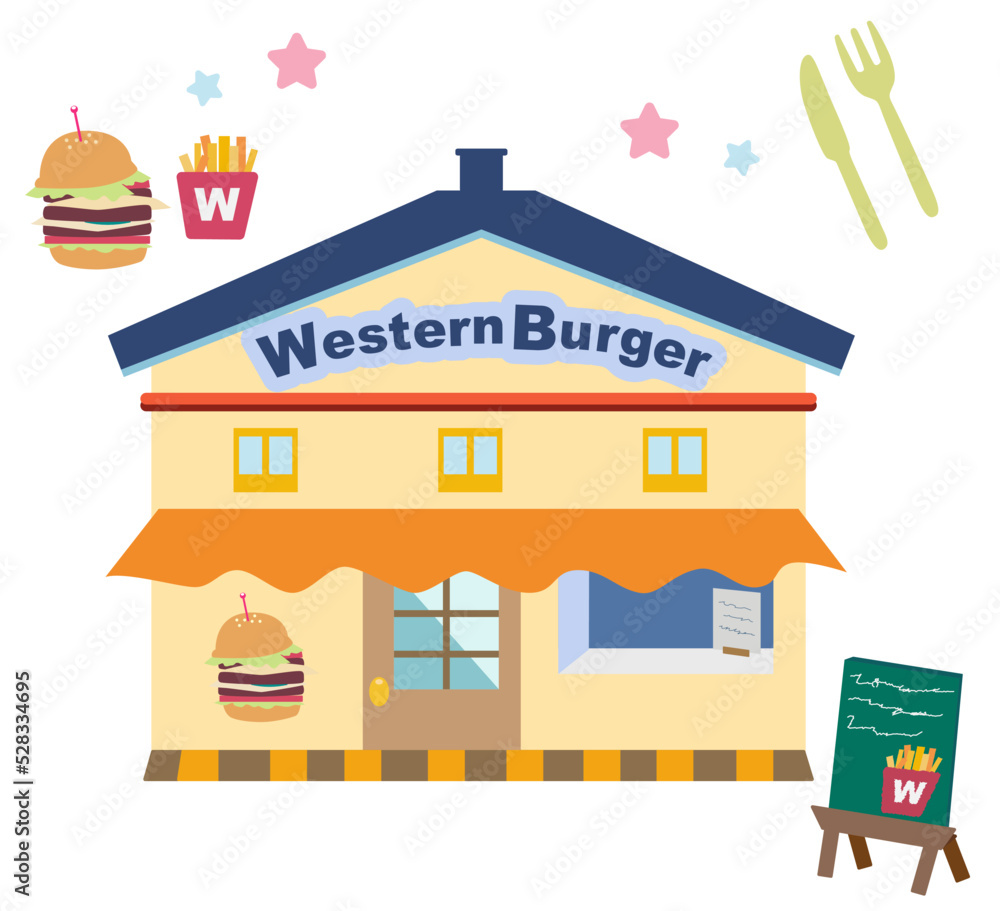 ポップなハンバーガーショップのフラットな外観イラスト ポップなハンバーガーショップのフラットな外観イラスト