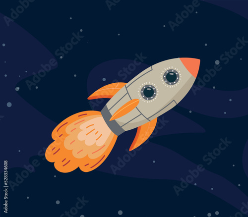 Rocket in space. Flying objects to explore other galaxies and universes. Science and innovation. Starry sky  research. Astronomy and astrology. Travel and adventure. Cartoon flat vector illustration