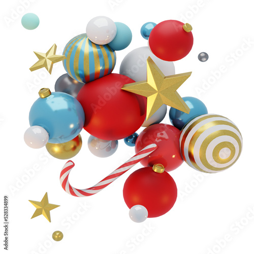 PNG Christmas art clip on a transparent background. 3d render of abstract holiday concept clip. Christmas ornaments, bunch of red, blue and white balls and candy cane photo