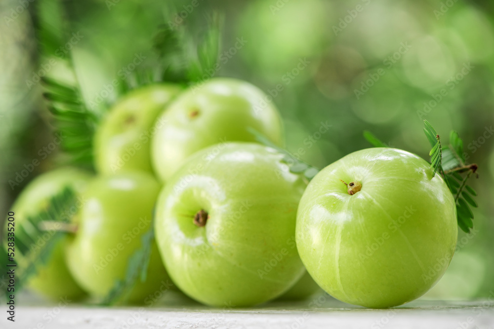 Indian Gooseberry or phyllanthus emblica fruits on nature background